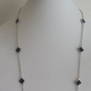 Silve Necklace,36" Long, Black four leaf clover